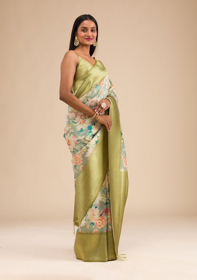 Light Grey Printed Soft Silk Saree-Koskii