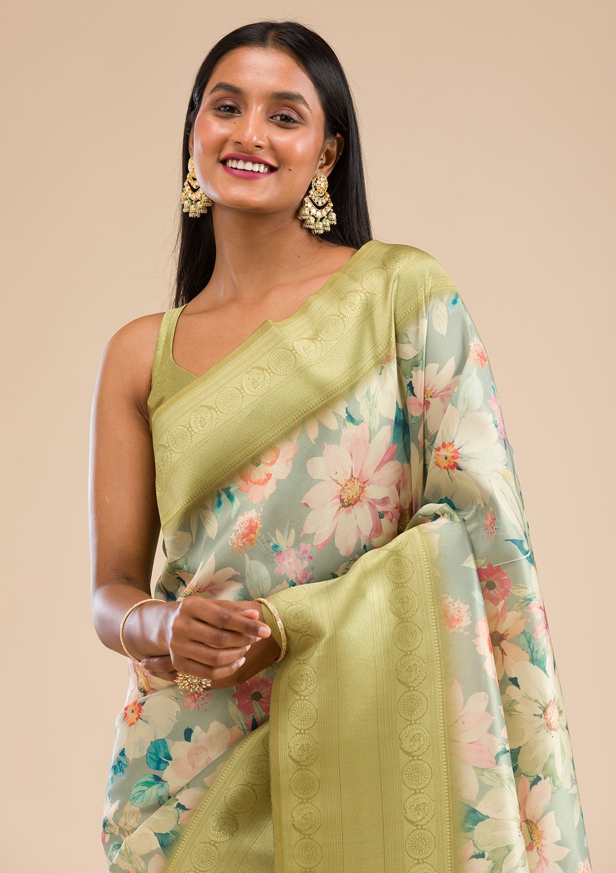 Light Grey Printed Soft Silk Saree-Koskii