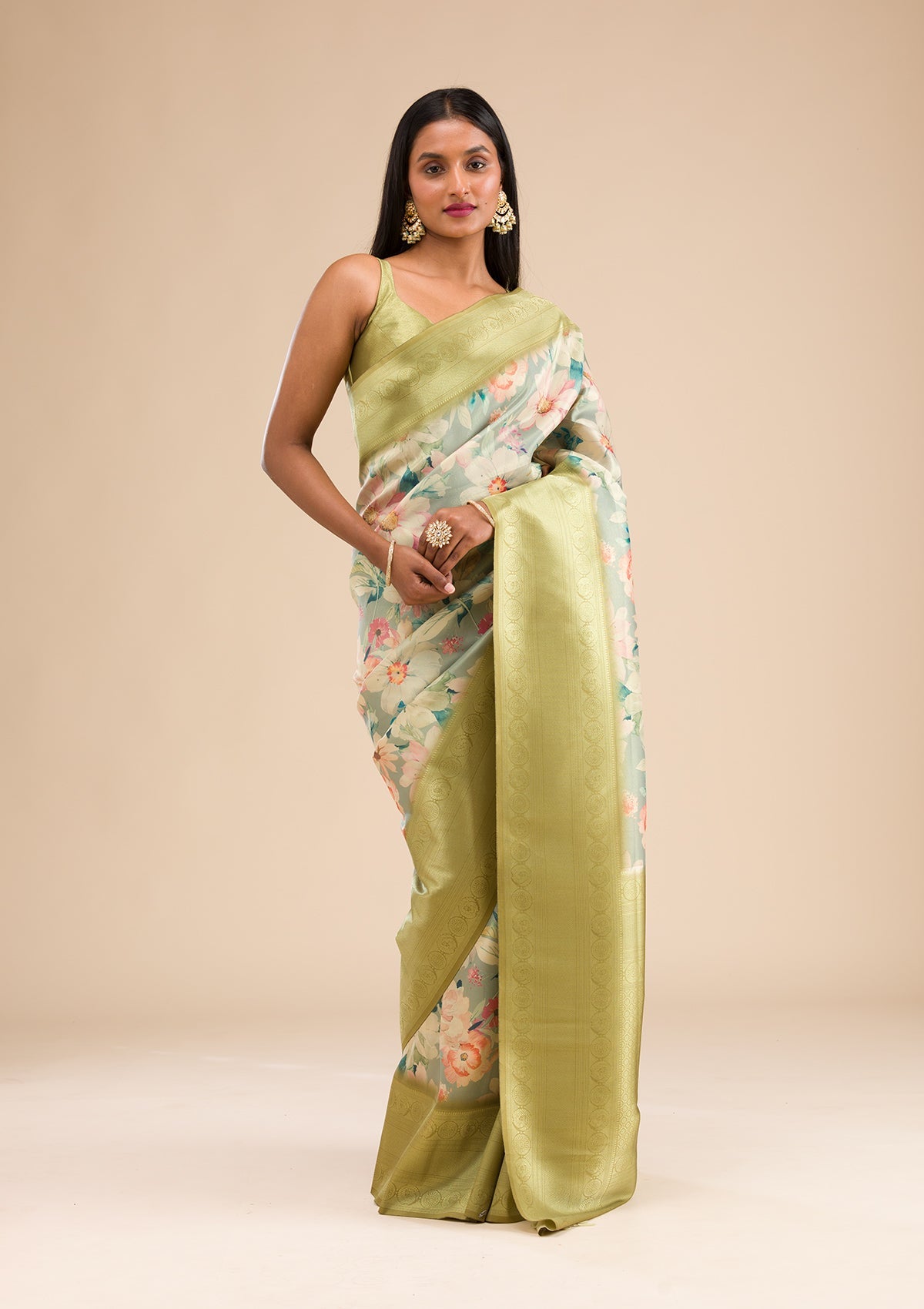 Light Grey Printed Soft Silk Saree-Koskii