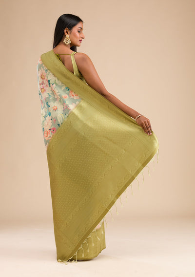 Light Grey Printed Soft Silk Saree-Koskii