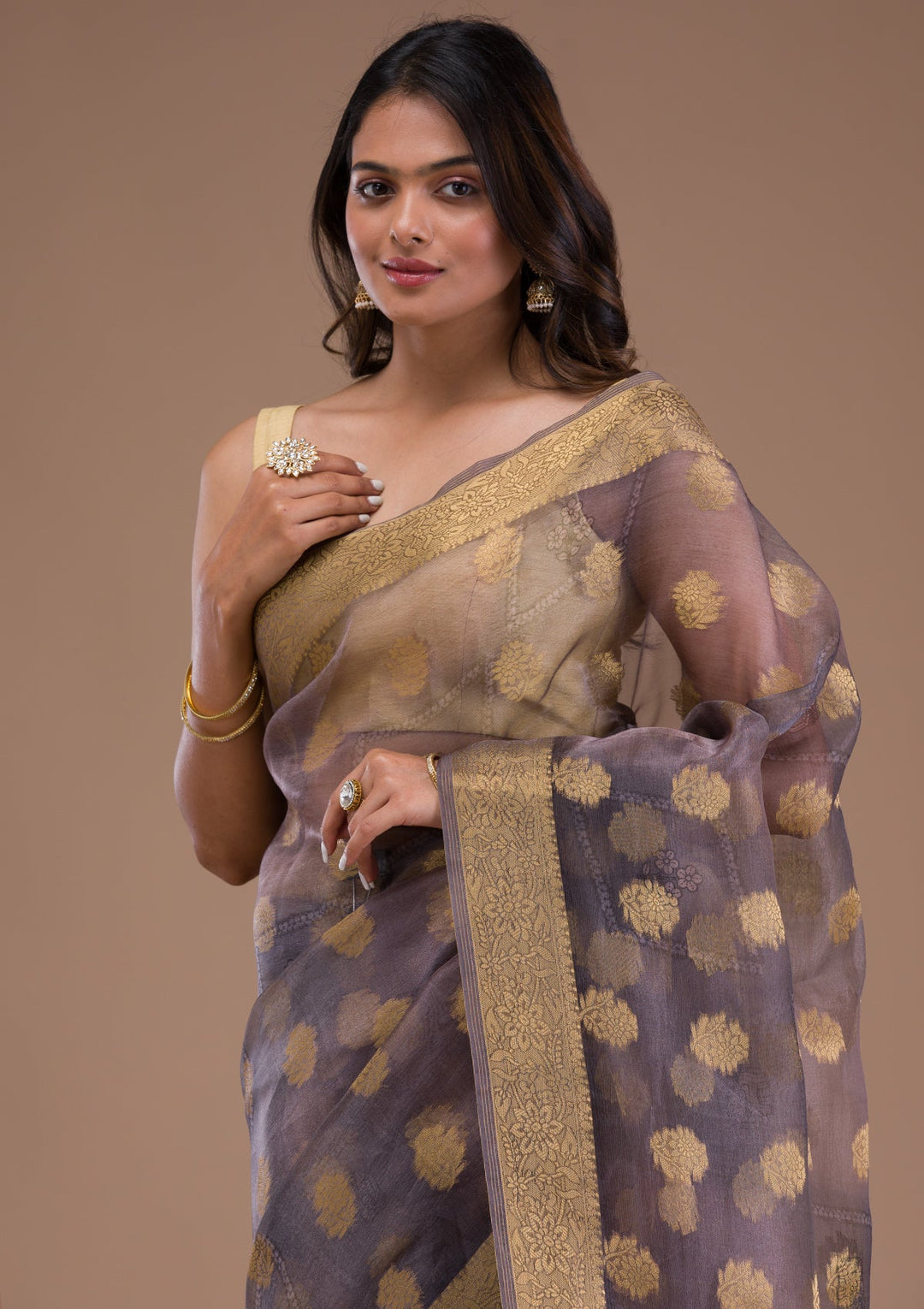 Mehendi Stonework Satin Designer Saree-Koskii