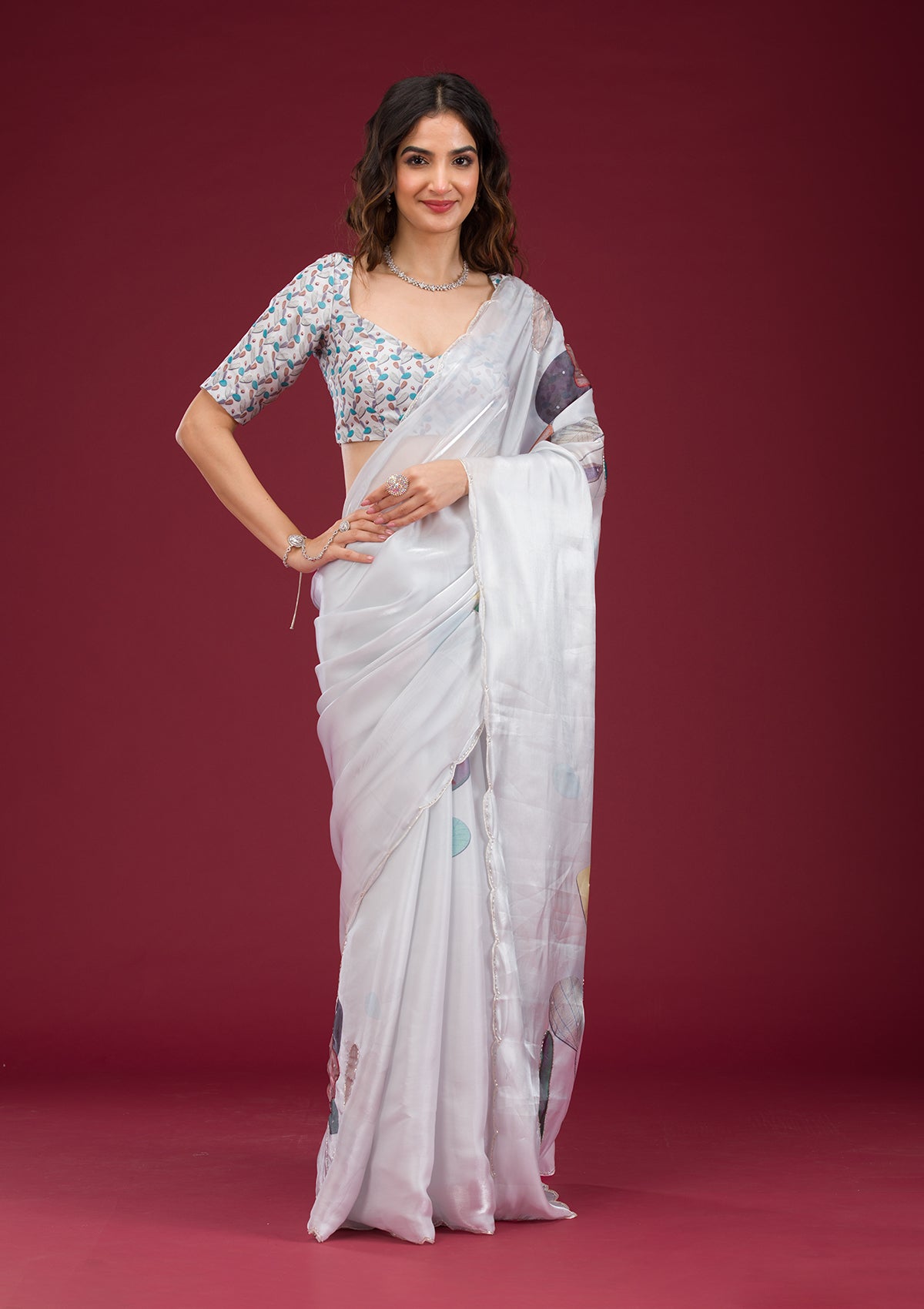 Light Grey Printed Tissue Saree