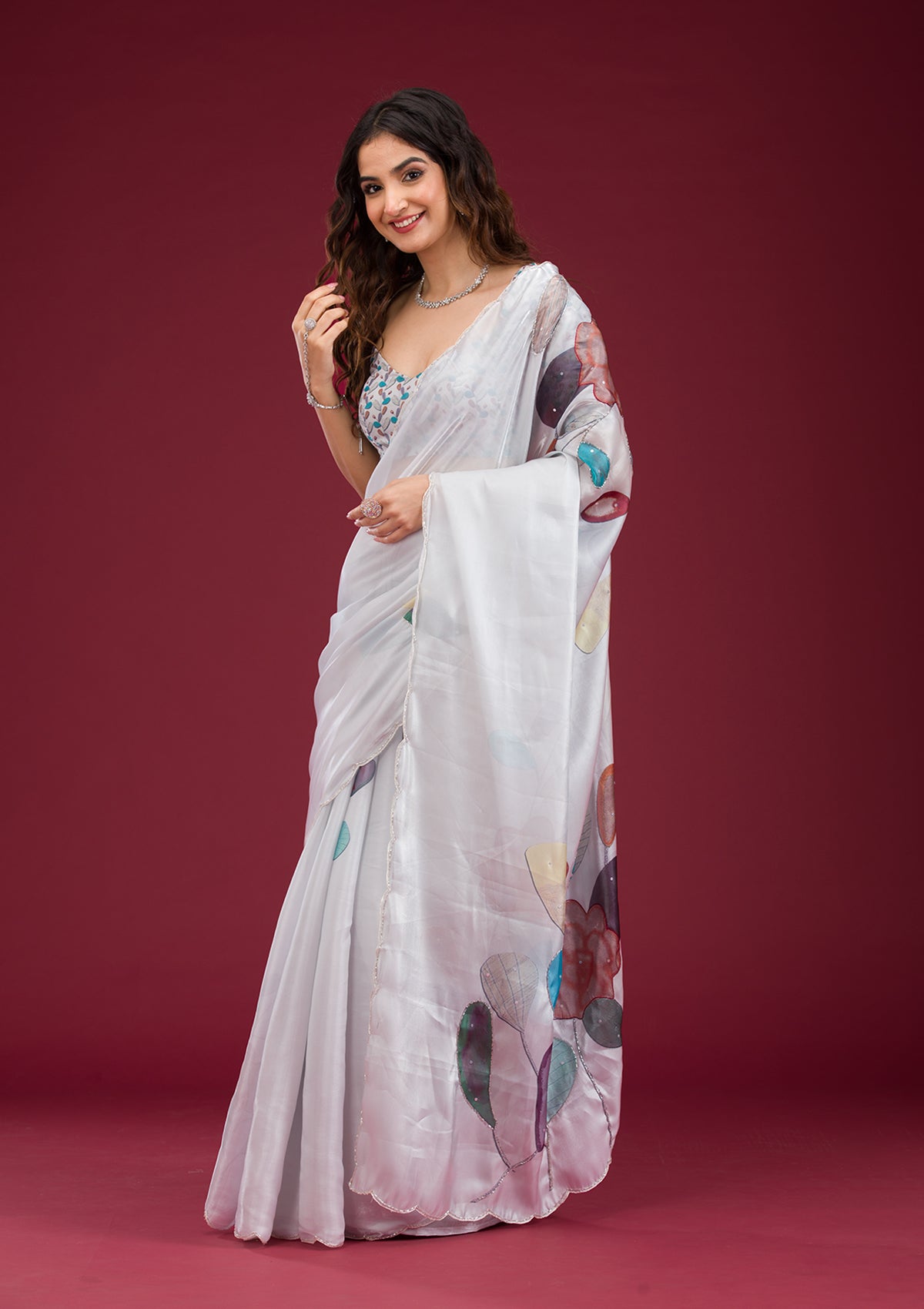 Light Grey Printed Tissue Saree