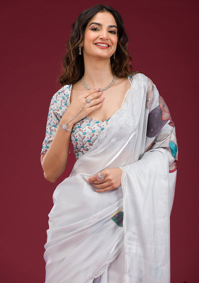 Light Grey Printed Tissue Saree