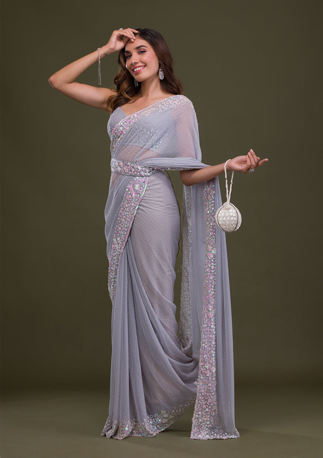 Light Grey Sequins Georgette Saree-Koskii