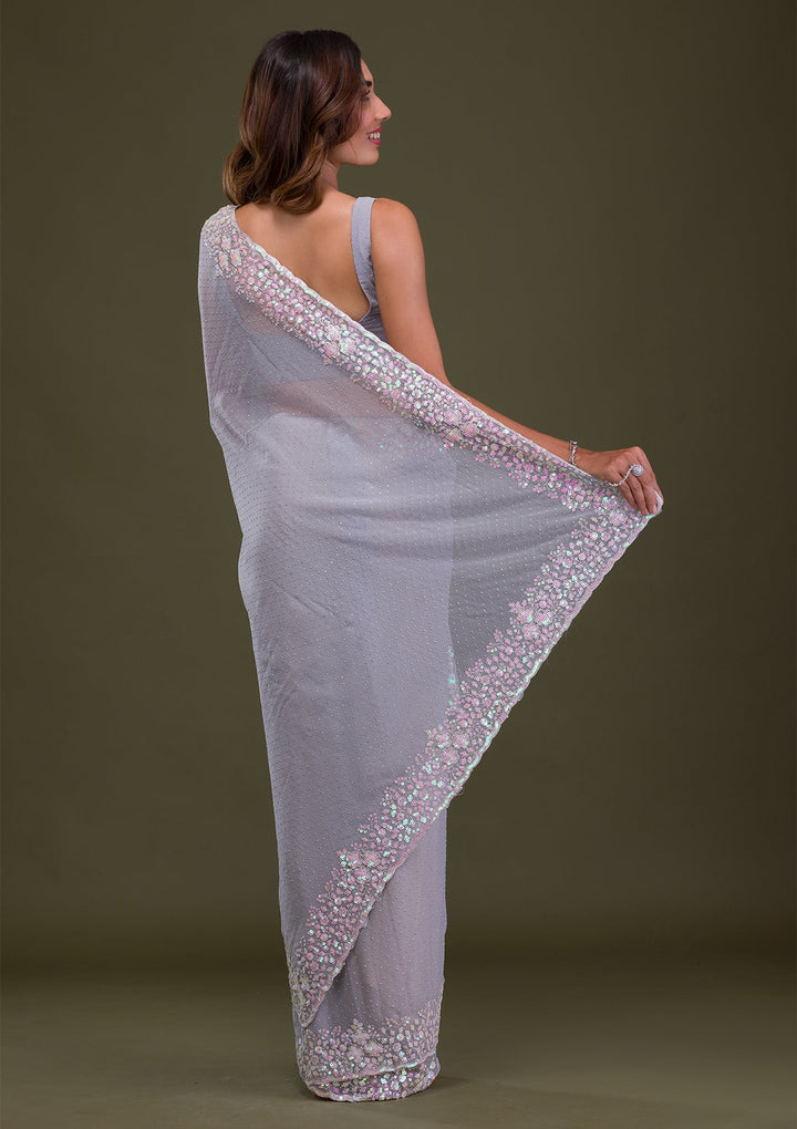 Light Grey Sequins Georgette Saree-Koskii