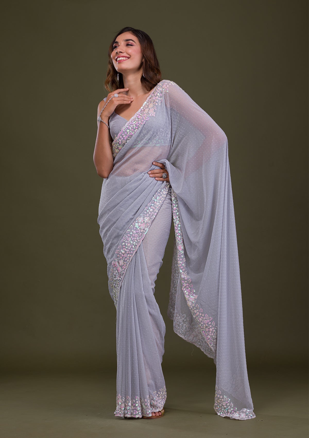 Light Grey Sequins Georgette Saree-Koskii