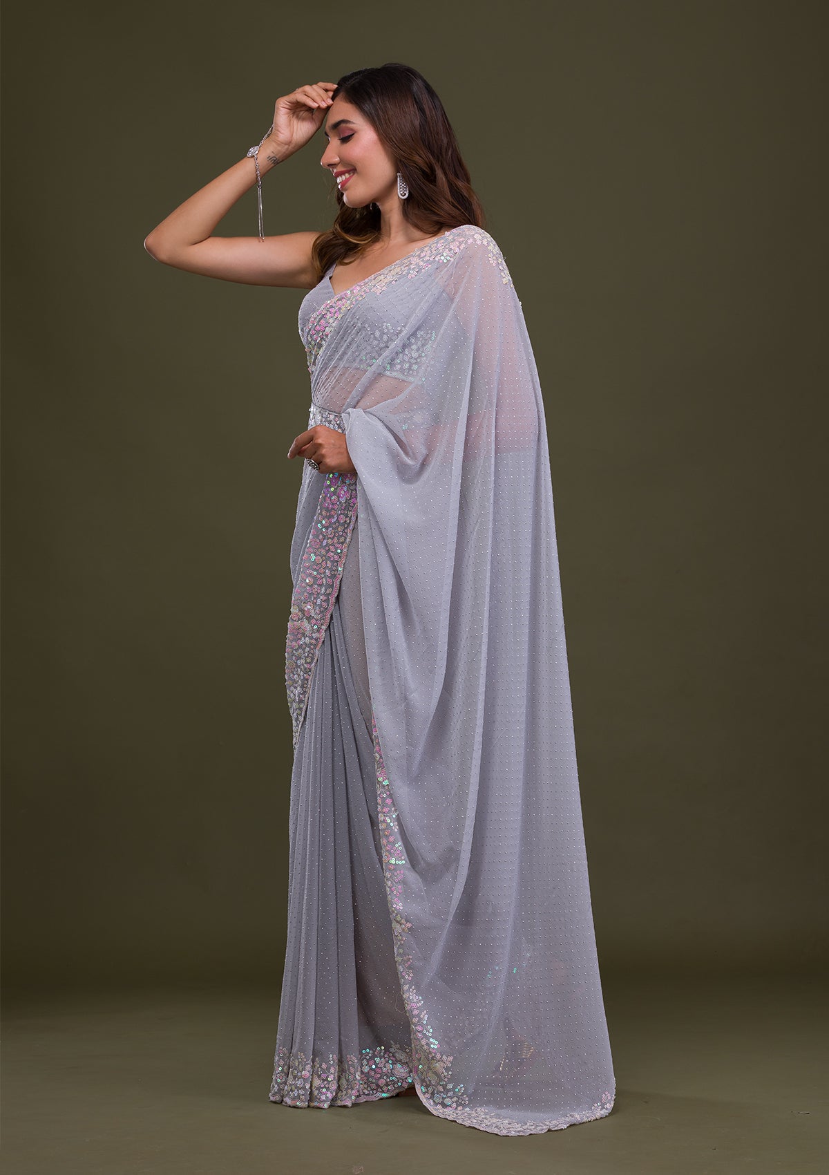 Light Grey Sequins Georgette Saree-Koskii