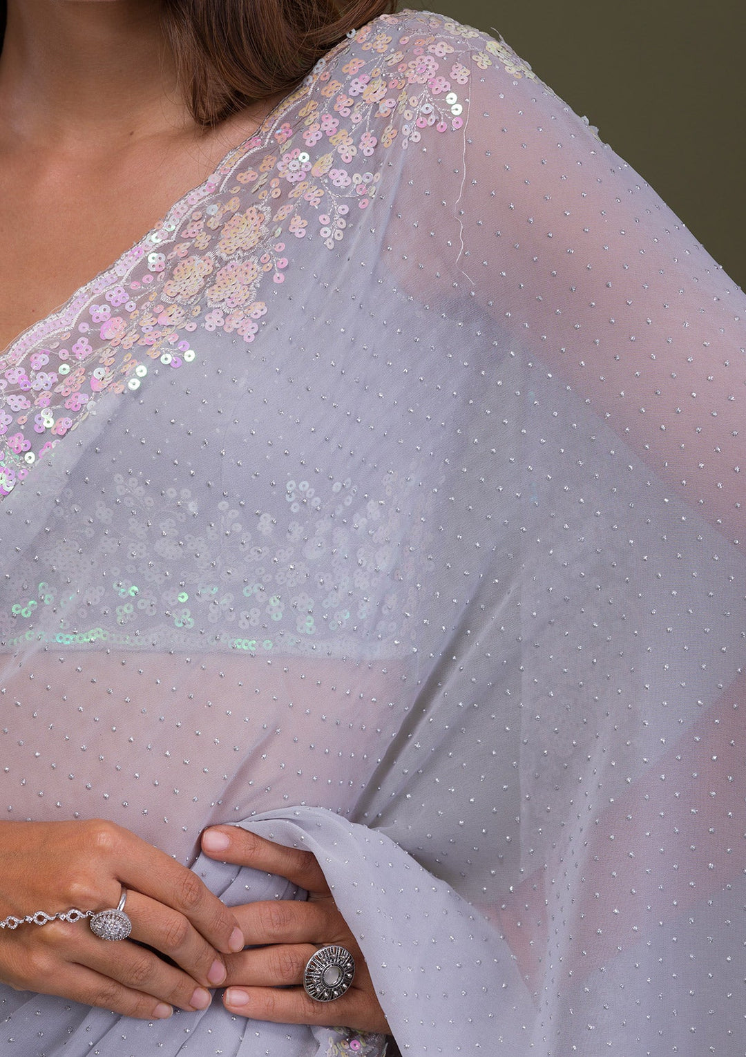 Light Grey Sequins Georgette Saree-Koskii