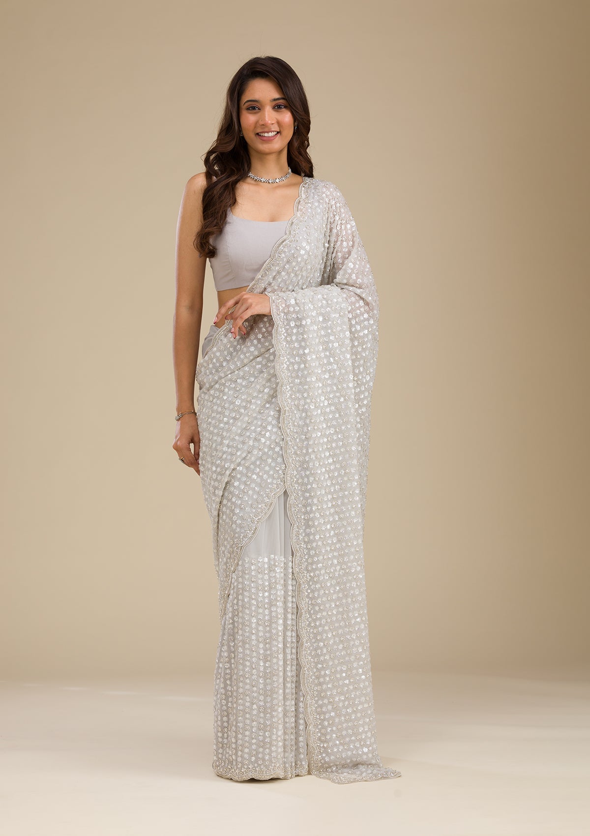 Light Grey Sequins Georgette Saree-Koskii