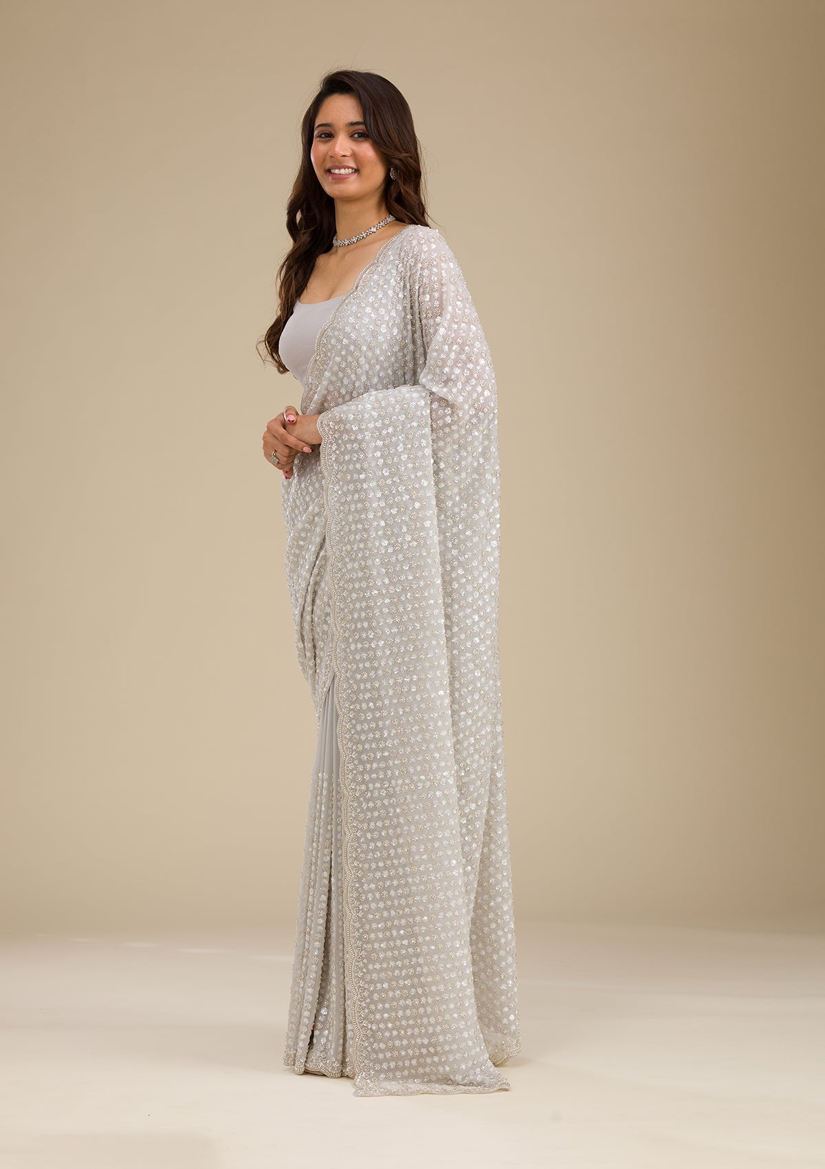 Light Grey Sequins Georgette Saree-Koskii