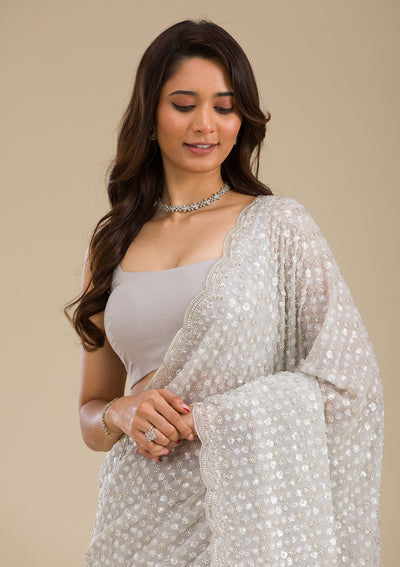 Light Grey Sequins Georgette Saree-Koskii