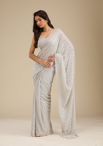 Light Grey Sequins Georgette Saree-Koskii