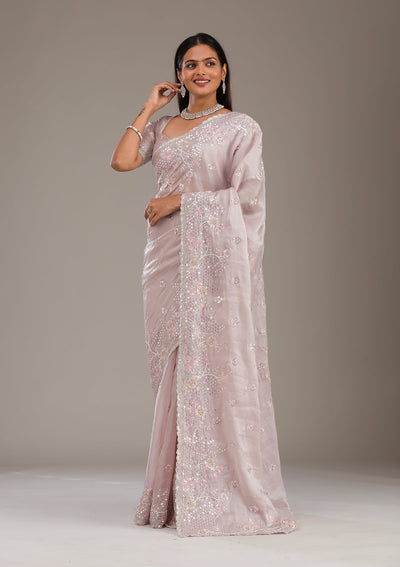 Light Grey Sequins Tissue Saree-Koskii