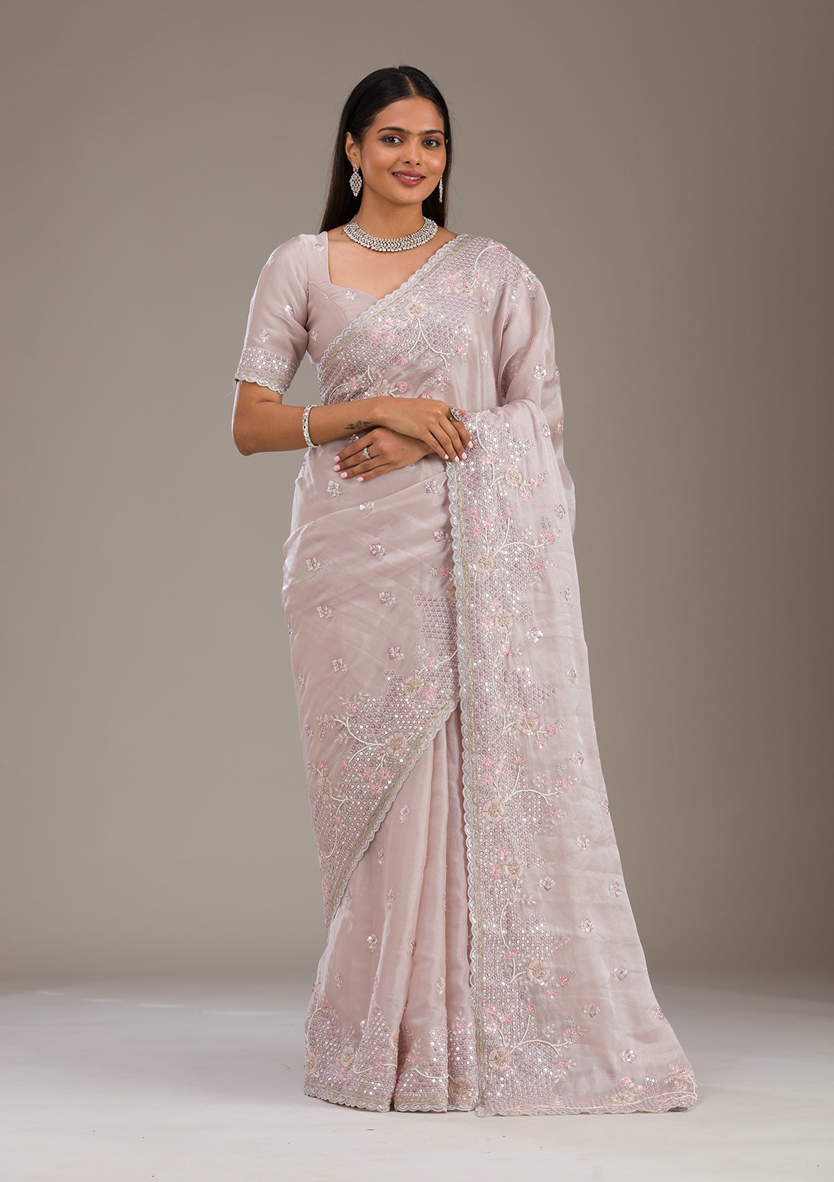 Light Grey Sequins Tissue Saree-Koskii