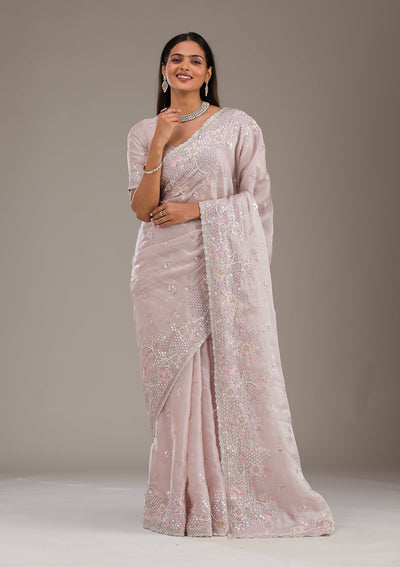 Light Grey Sequins Tissue Saree-Koskii