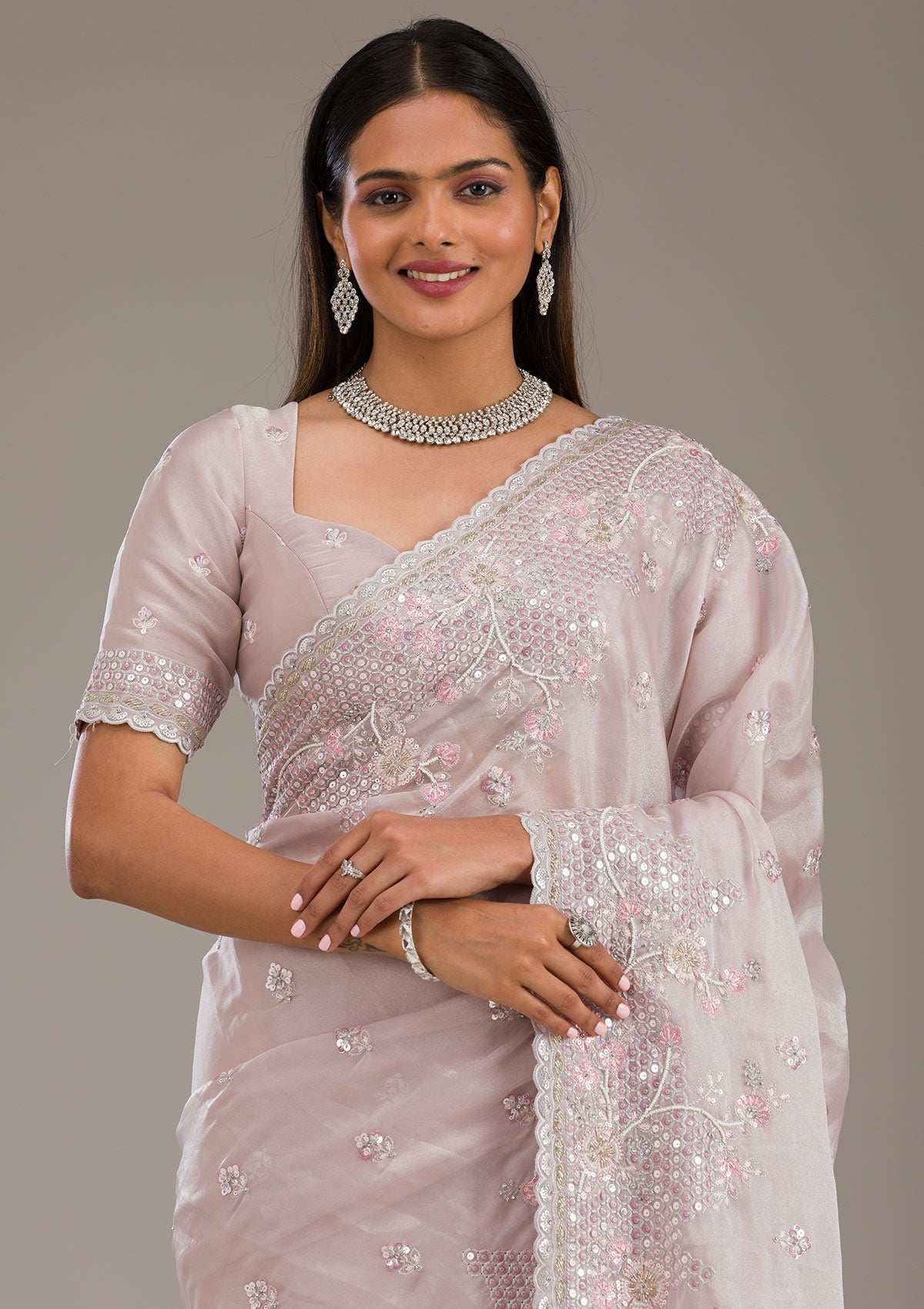 Light Grey Sequins Tissue Saree-Koskii