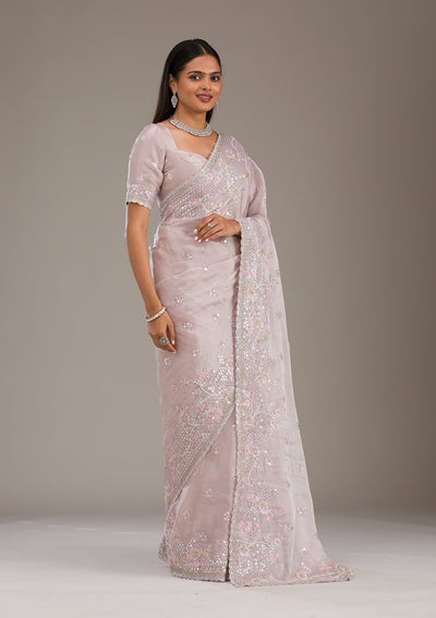 Light Grey Sequins Tissue Saree-Koskii