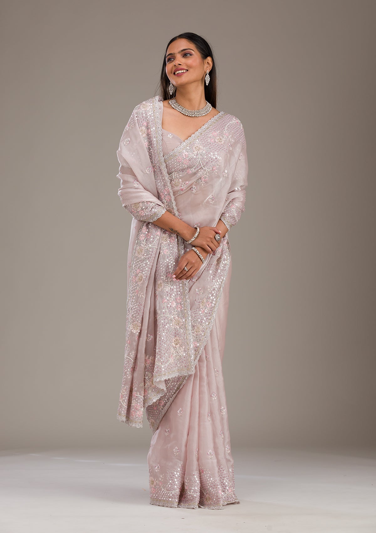 Light Grey Sequins Tissue Saree-Koskii