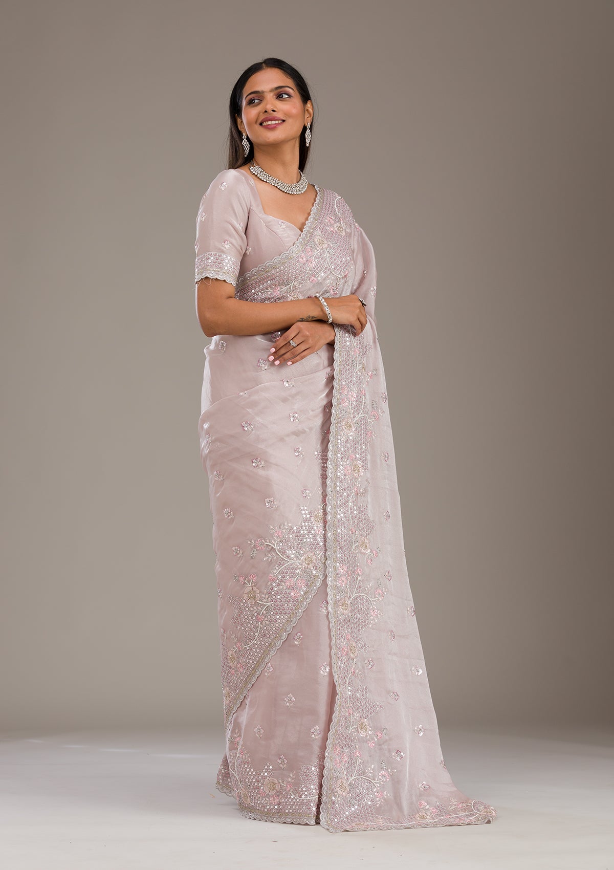 Light Grey Sequins Tissue Saree-Koskii