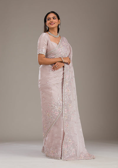 Light Grey Sequins Tissue Saree-Koskii