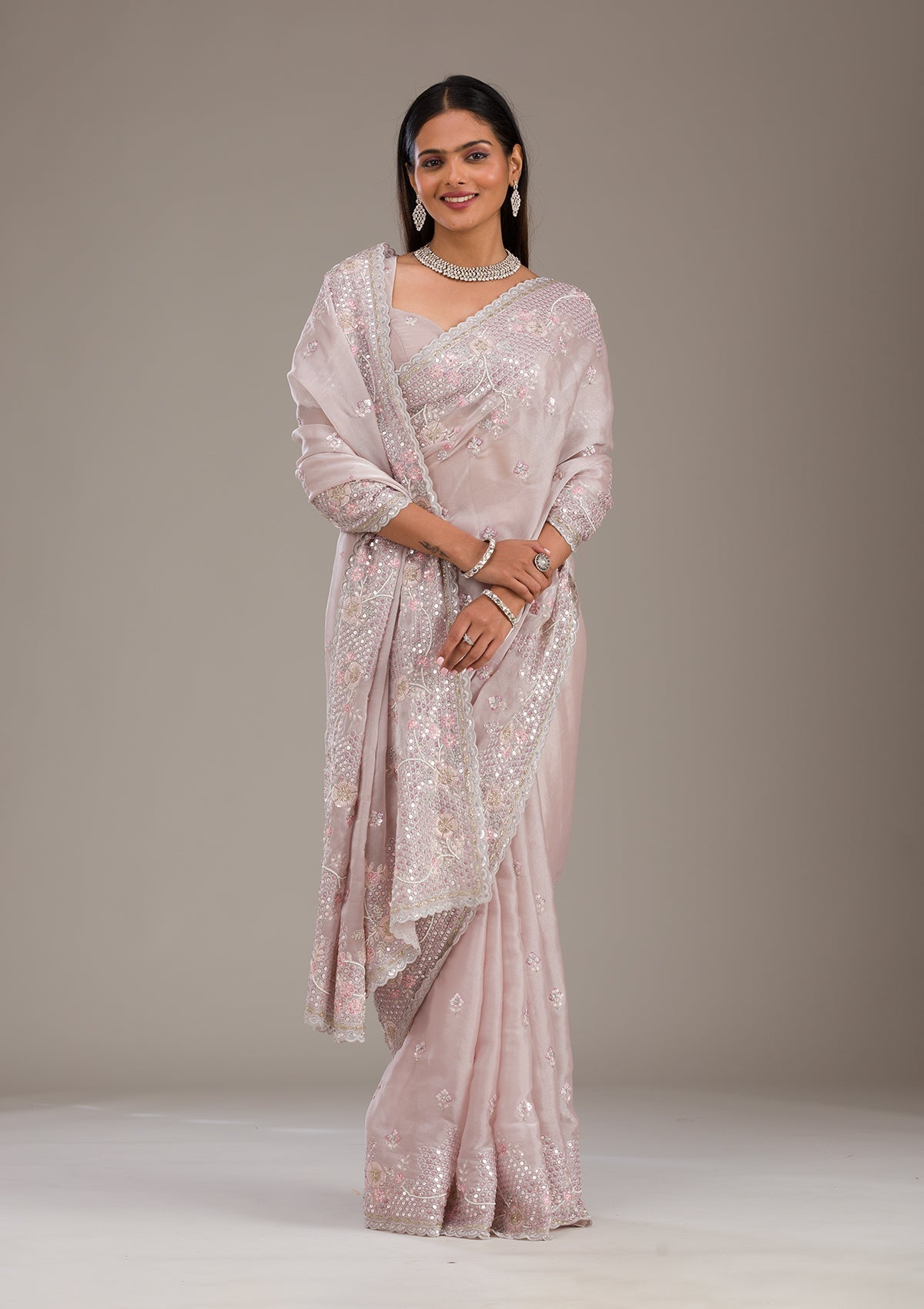 Light Grey Sequins Tissue Saree-Koskii