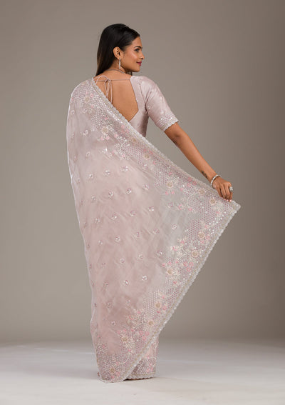 Light Grey Sequins Tissue Saree-Koskii