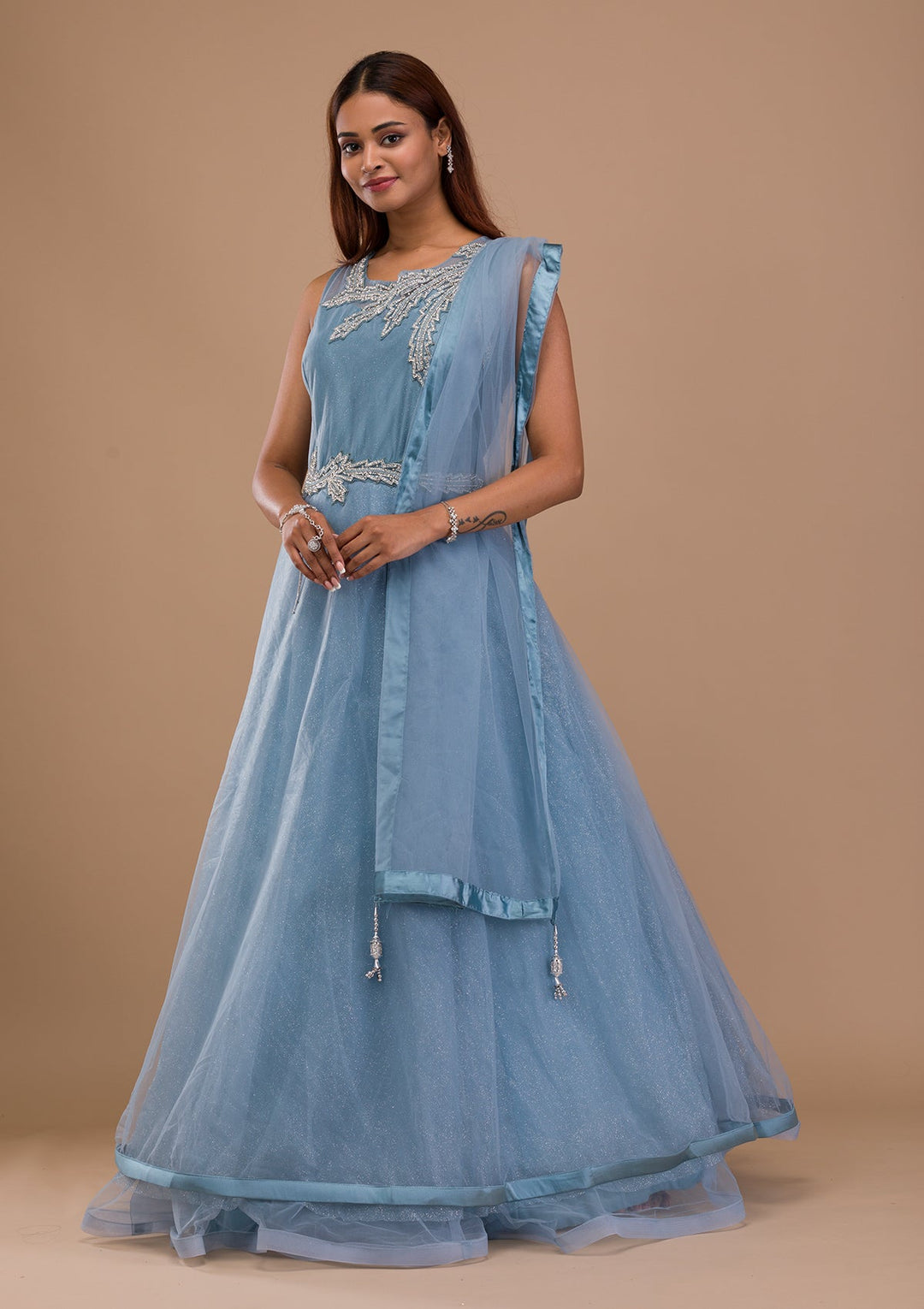 Light Grey Stonework Net Gown-Koskii