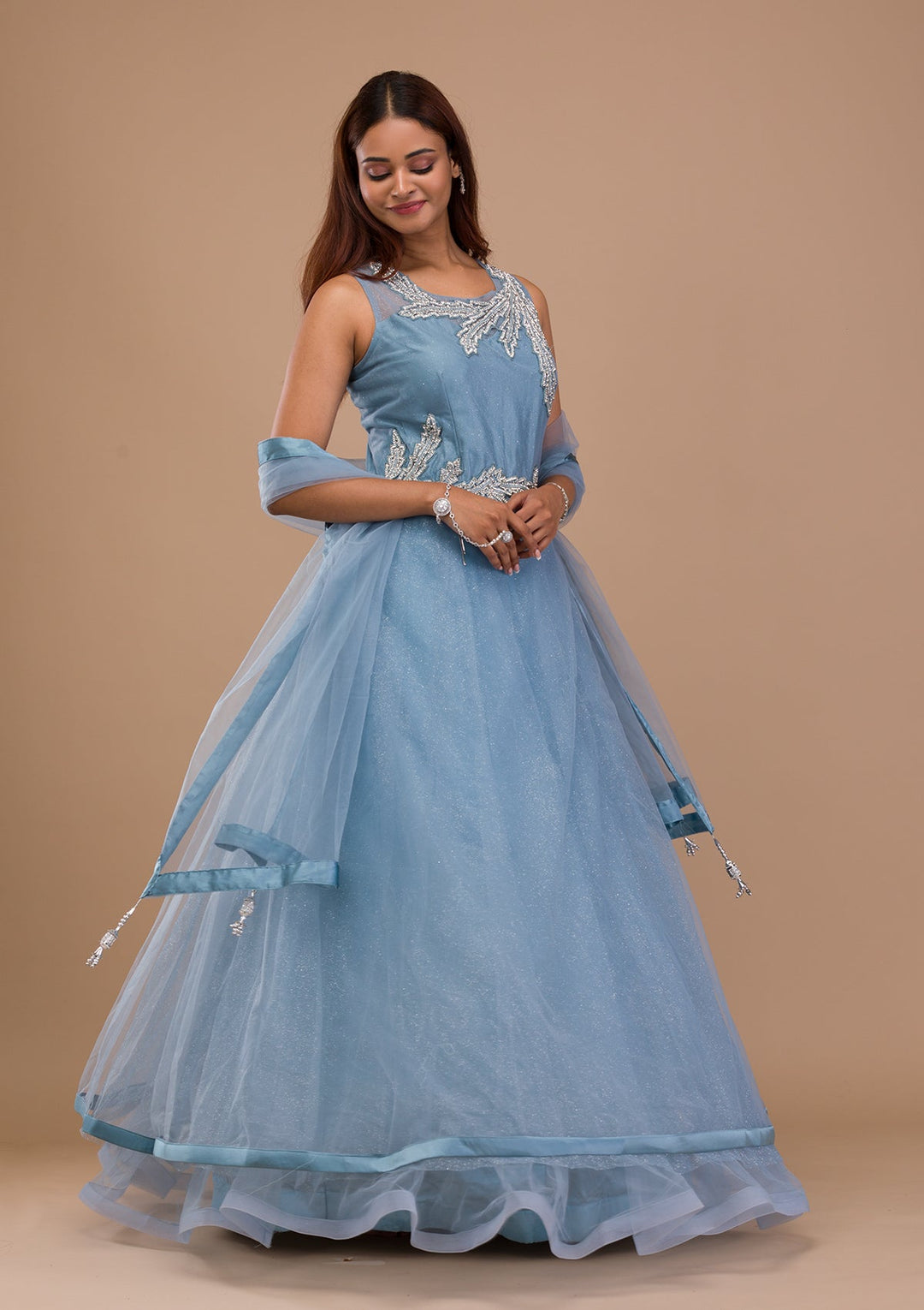 Light Grey Stonework Net Gown-Koskii