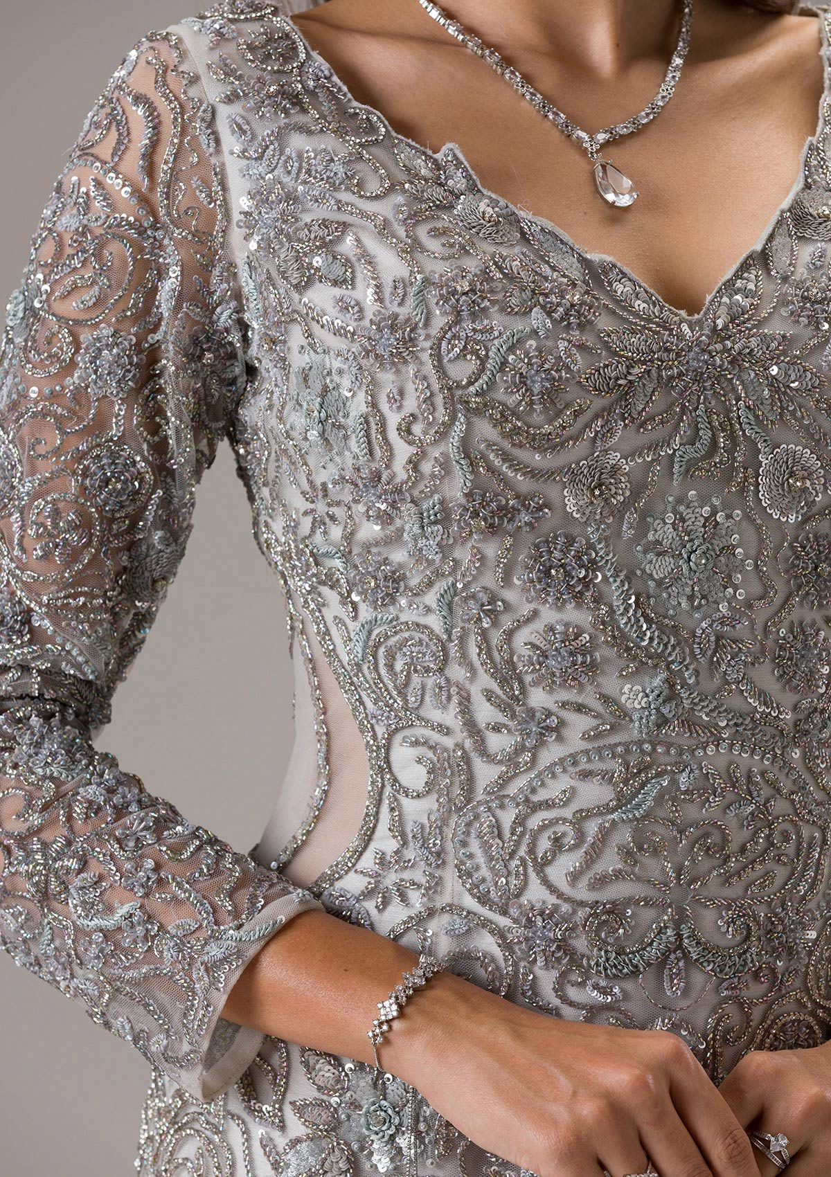 Light Grey Stonework Net Gown-Koskii