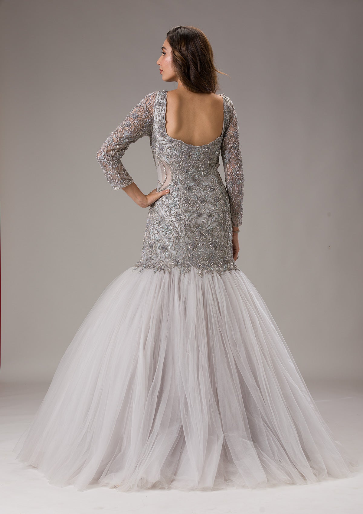 Light Grey Stonework Net Gown-Koskii