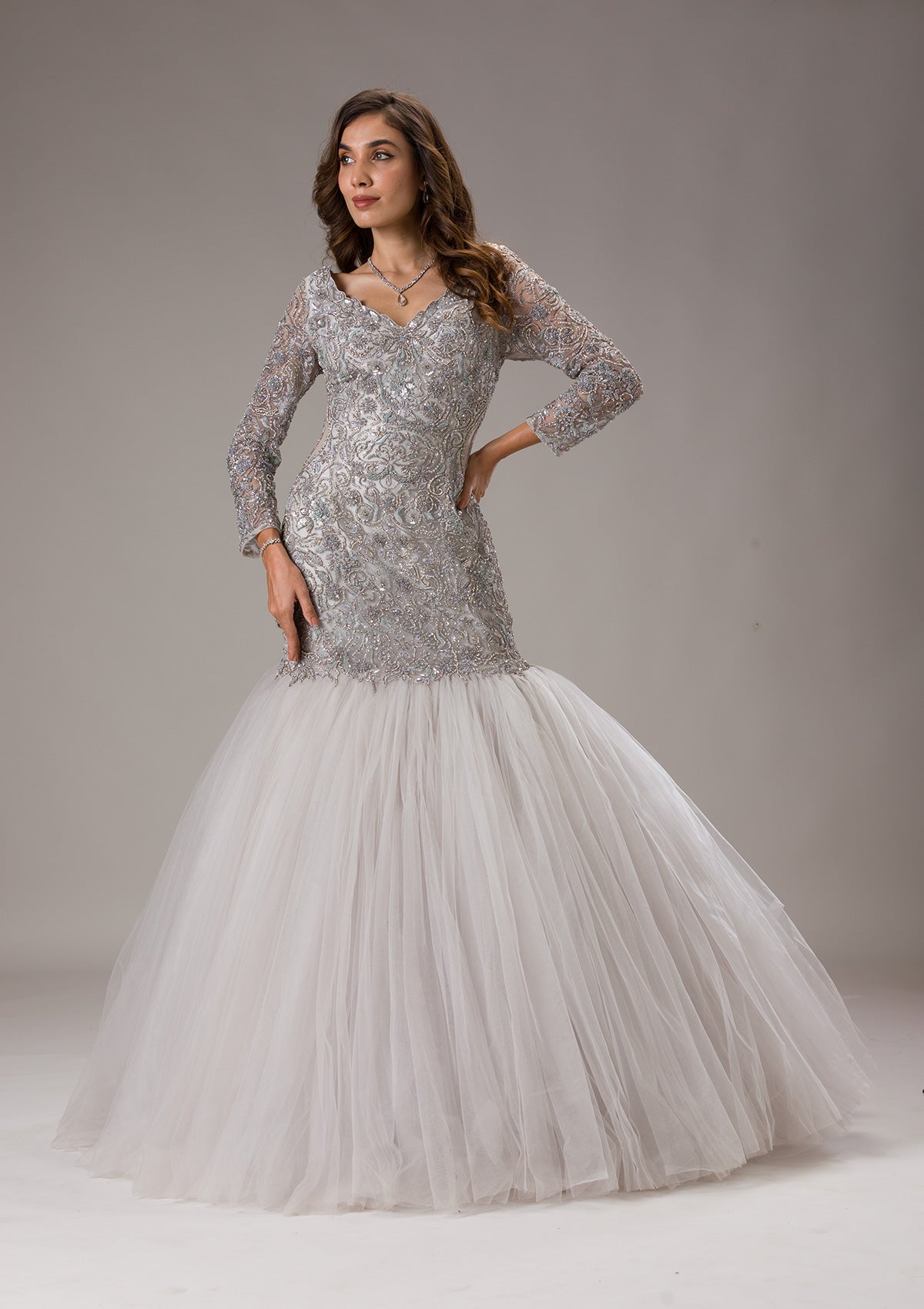 Light Grey Stonework Net Gown-Koskii