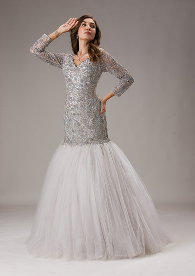 Light Grey Stonework Net Gown-Koskii