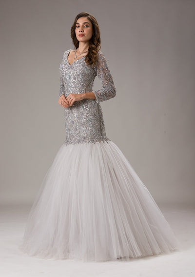 Light Grey Stonework Net Gown-Koskii