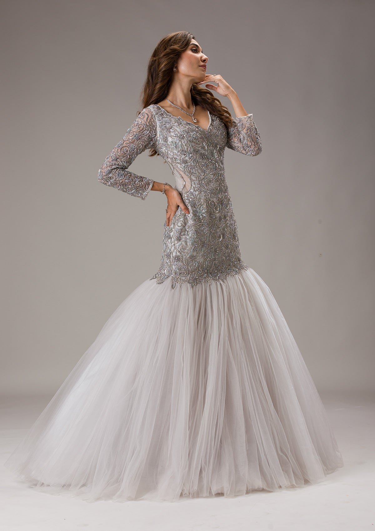 Light Grey Stonework Net Gown-Koskii