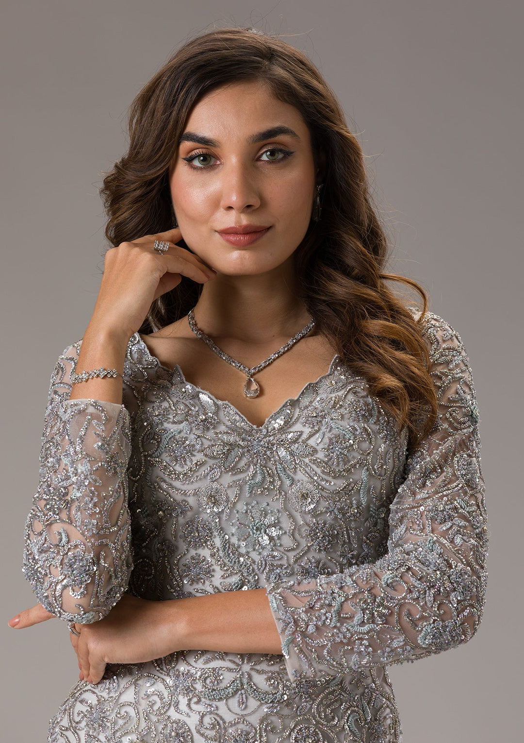 grey net dress Pastel Grey Net Gown