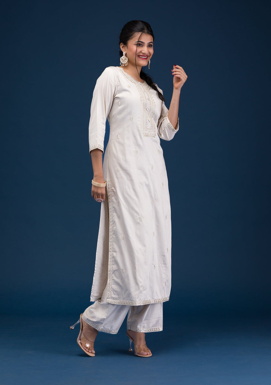 Light Grey Threadwork Chanderi Readymade Salwar Suit-Koskii