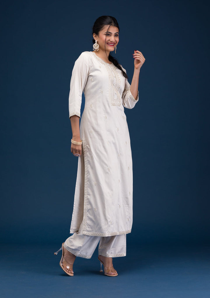 Light Grey Threadwork Chanderi Readymade Salwar Suit-Koskii