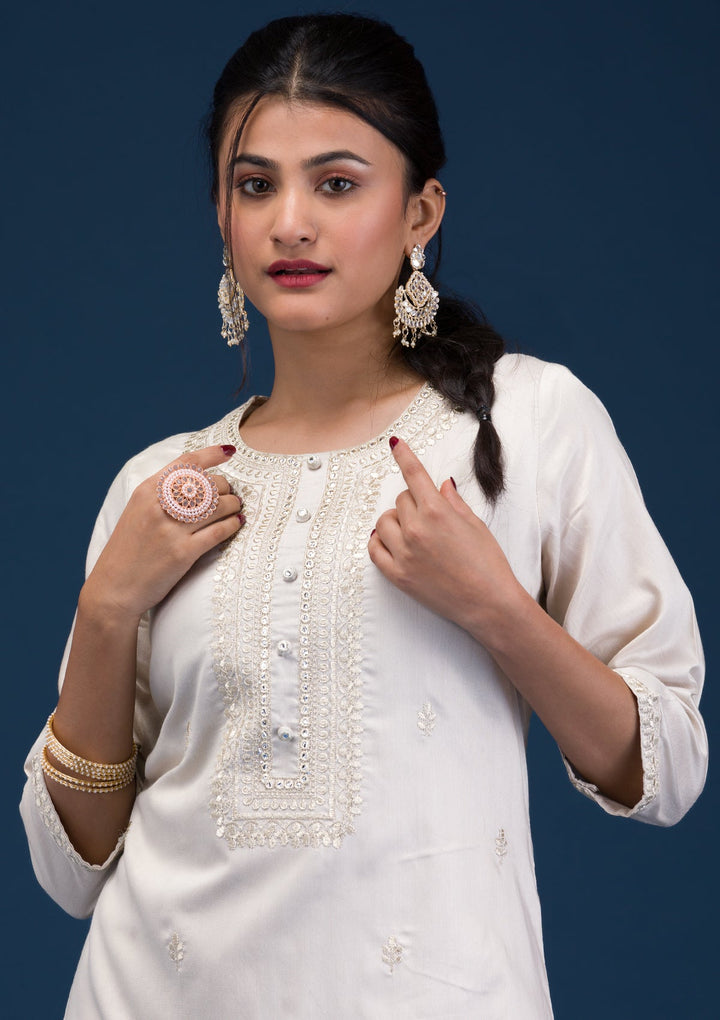 Light Grey Threadwork Chanderi Readymade Salwar Suit-Koskii