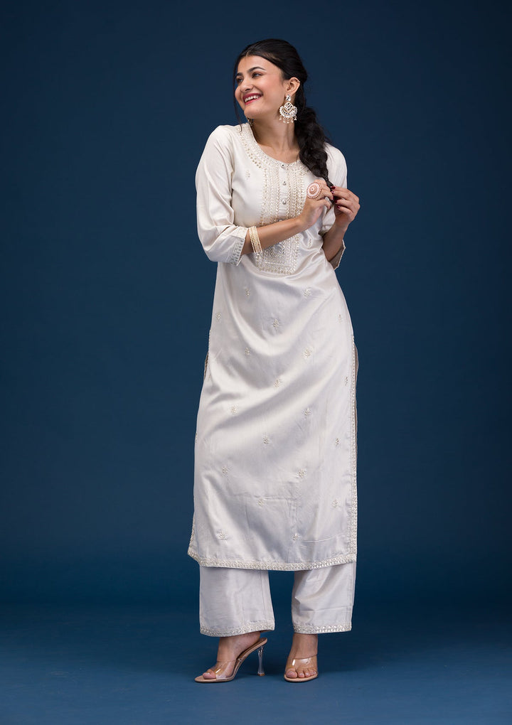Light Grey Threadwork Chanderi Readymade Salwar Suit-Koskii