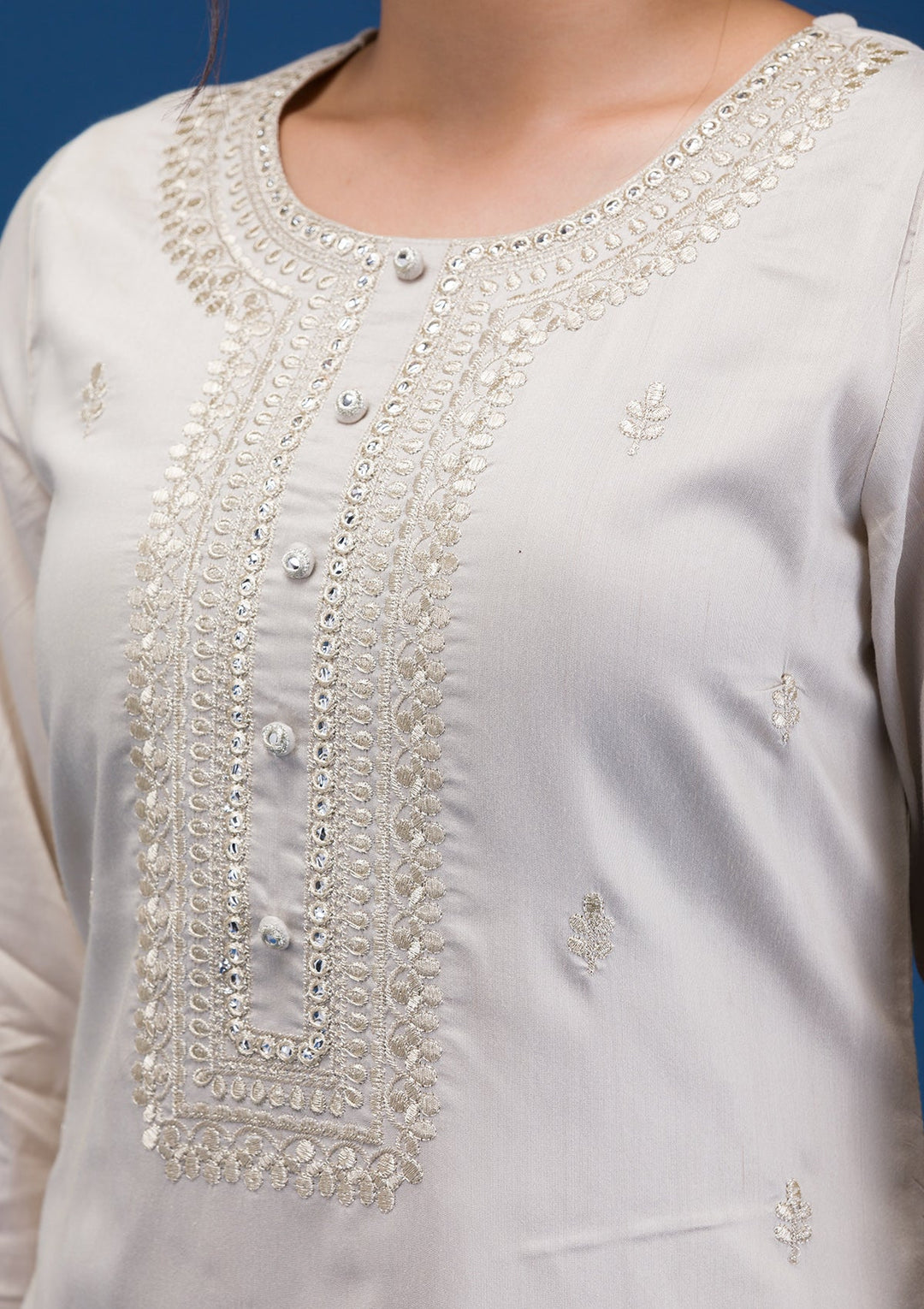 Light Grey Threadwork Chanderi Readymade Salwar Suit-Koskii