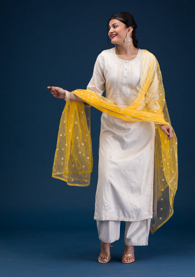 Light Grey Threadwork Chanderi Readymade Salwar Suit-Koskii