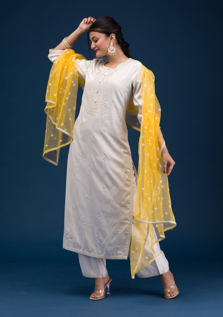 Light Grey Threadwork Chanderi Readymade Salwar Suit-Koskii