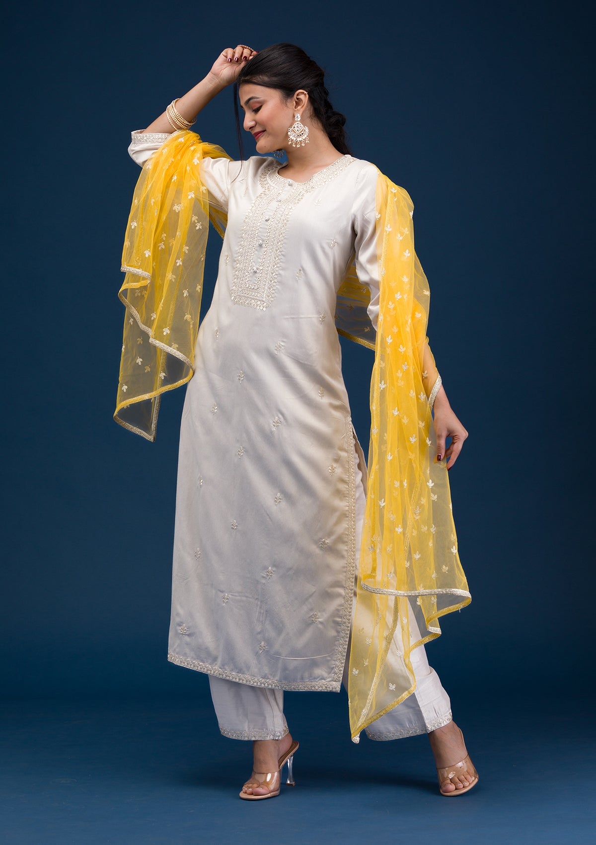 Light Grey Threadwork Chanderi Readymade Salwar Suit-Koskii