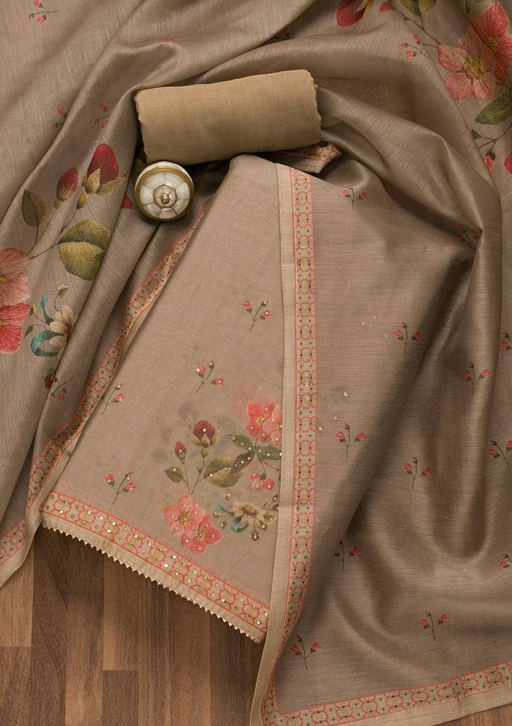 Light Grey Threadwork Chanderi Unstitched Salwar Suit-Koskii