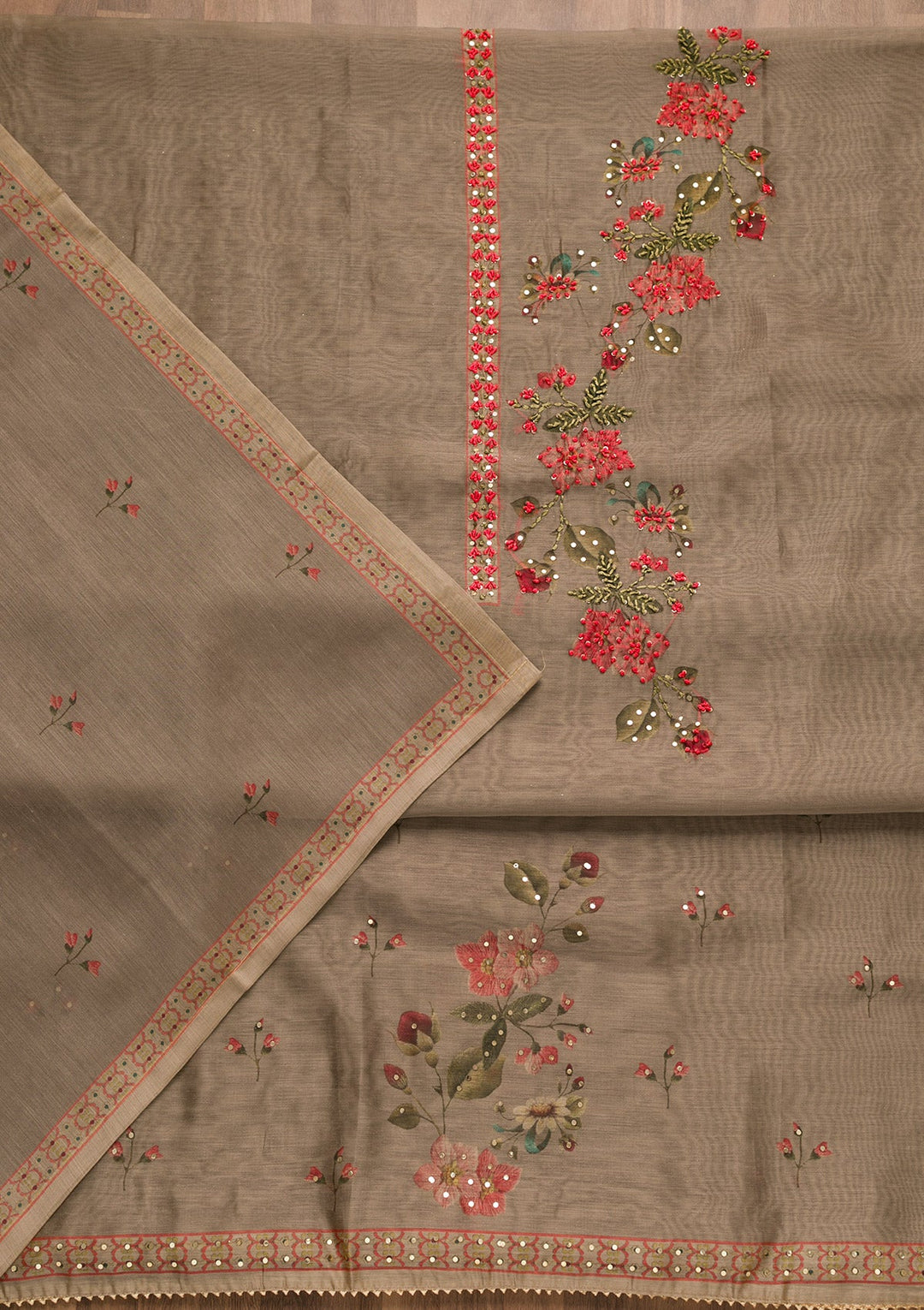 Light Grey Threadwork Chanderi Unstitched Salwar Suit-Koskii