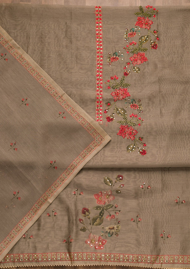 Light Grey Threadwork Chanderi Unstitched Salwar Suit-Koskii