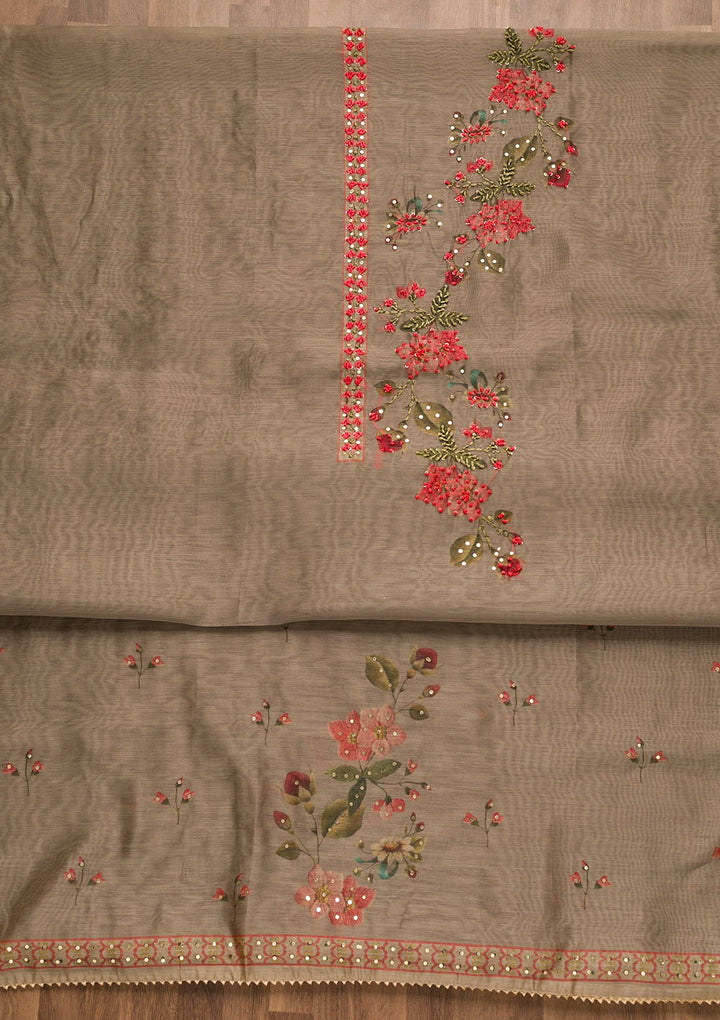 Light Grey Threadwork Chanderi Unstitched Salwar Suit-Koskii