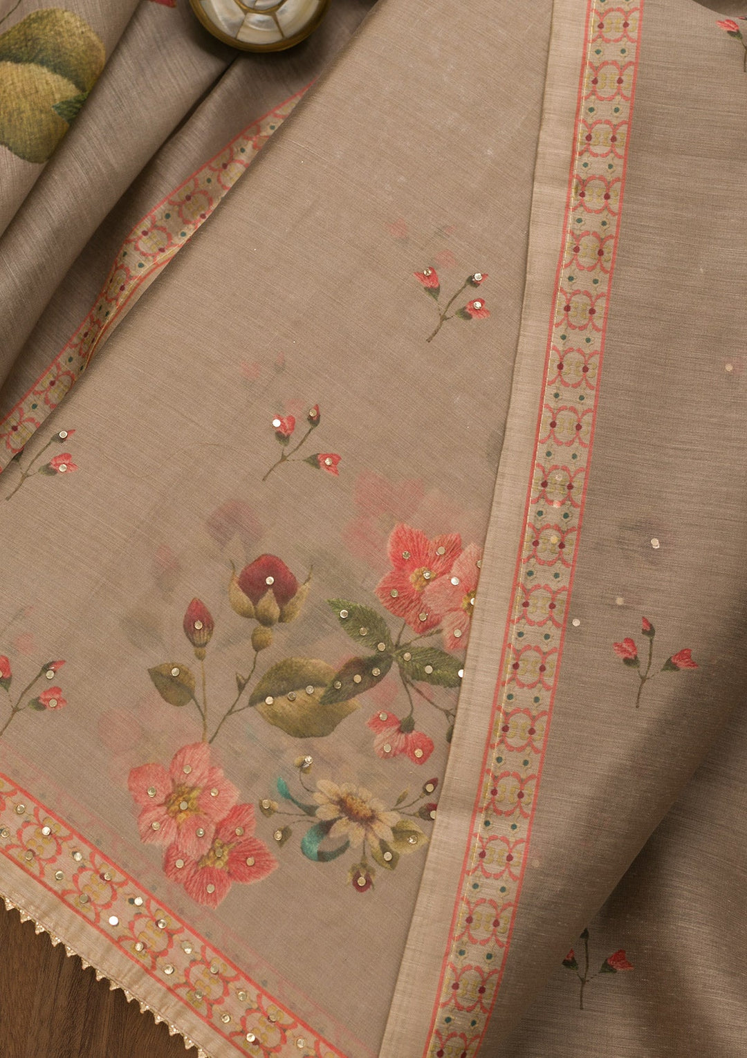 Light Grey Threadwork Chanderi Unstitched Salwar Suit-Koskii