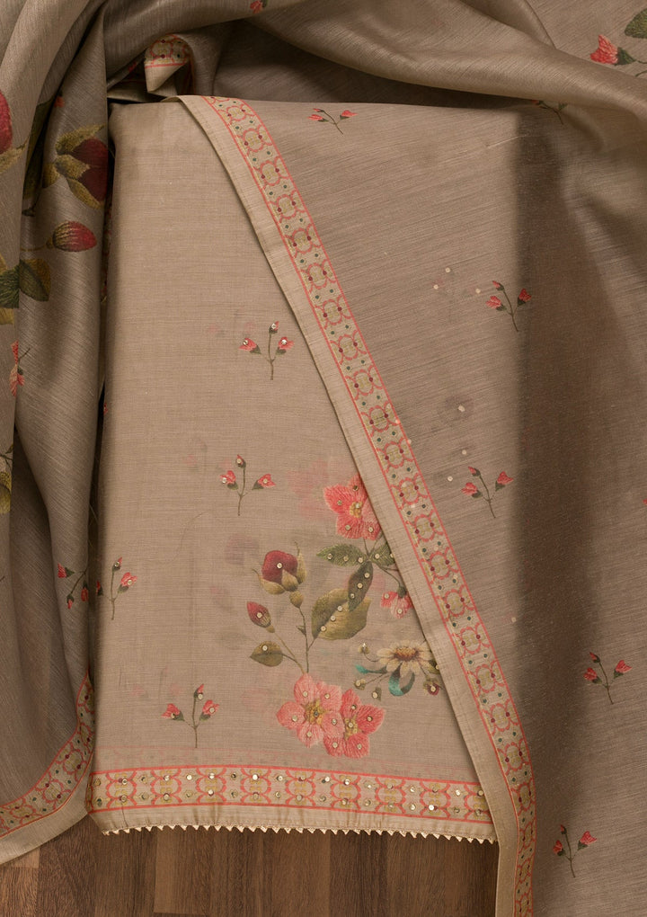 Light Grey Threadwork Chanderi Unstitched Salwar Suit-Koskii